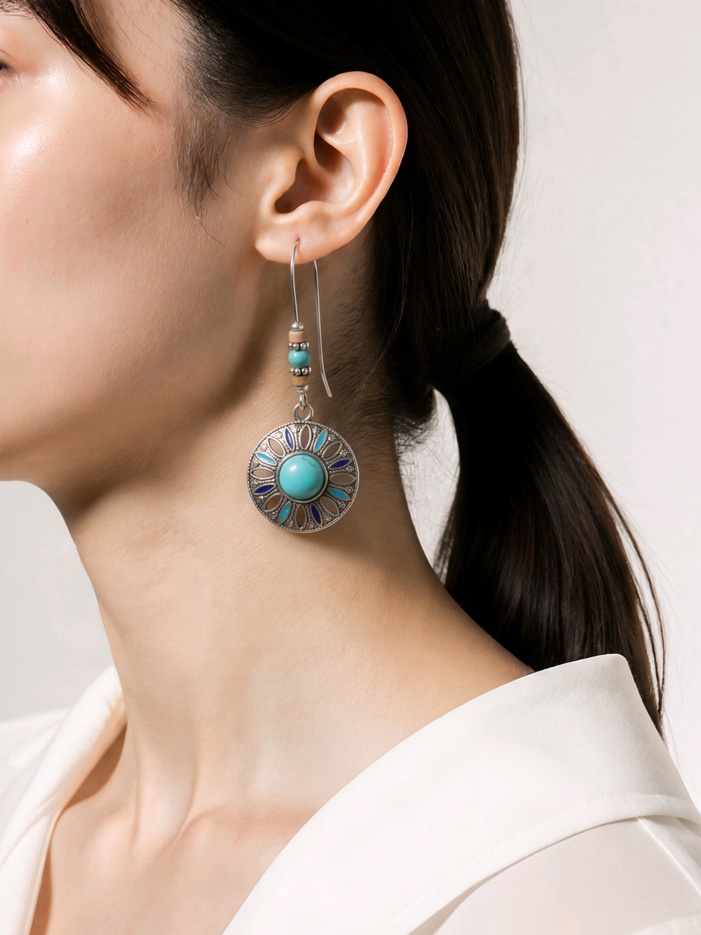 Turquoise Medallion Drop Earrings - Women Jewelry
